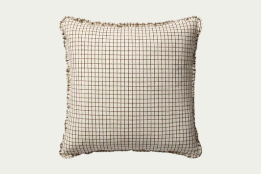 The Kate modern throw pillow in Ivory and Earth adds visual texture and neutral tones. A 22-inch square accent pillow.

The small window pane check and subtle self-ruffle edge work perfectly year-round or for a subtle fall throw pillow.