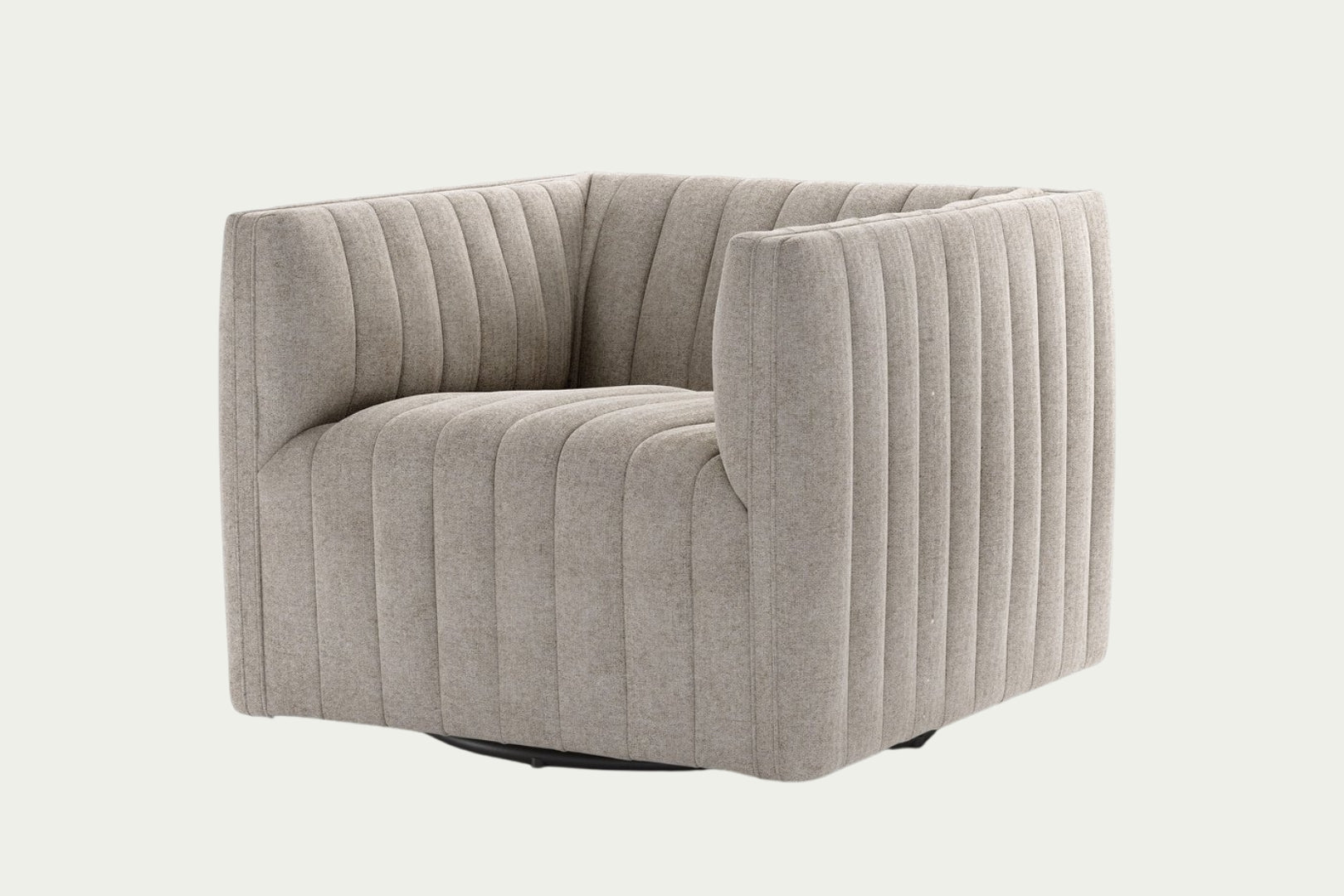 Orly natural tone beige grey square boxy 360 degree swivel channel occasional chair