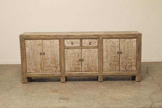 One-of-a-kind, rustic vintage antique light natural wood sideboard buffet cabinet farmhouse style is a long 90-inch storage with three cabinets and two drawers.