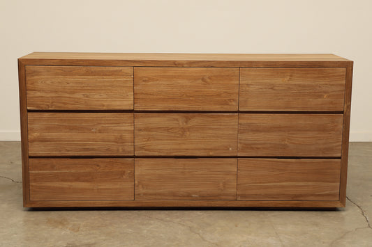 Add clean, timeless elegance to your bedroom with an 80-inch long 9-drawer teak wood dresser with ample storage space.