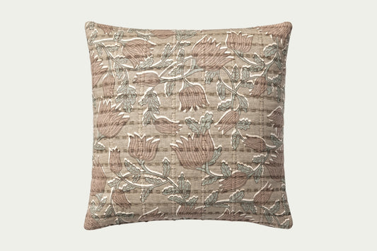 This elegant throw pillow features a muted taupe and rose-toned floral pattern with a soft quilted texture. The 18-inch square accent pillow cover is made of cotton.