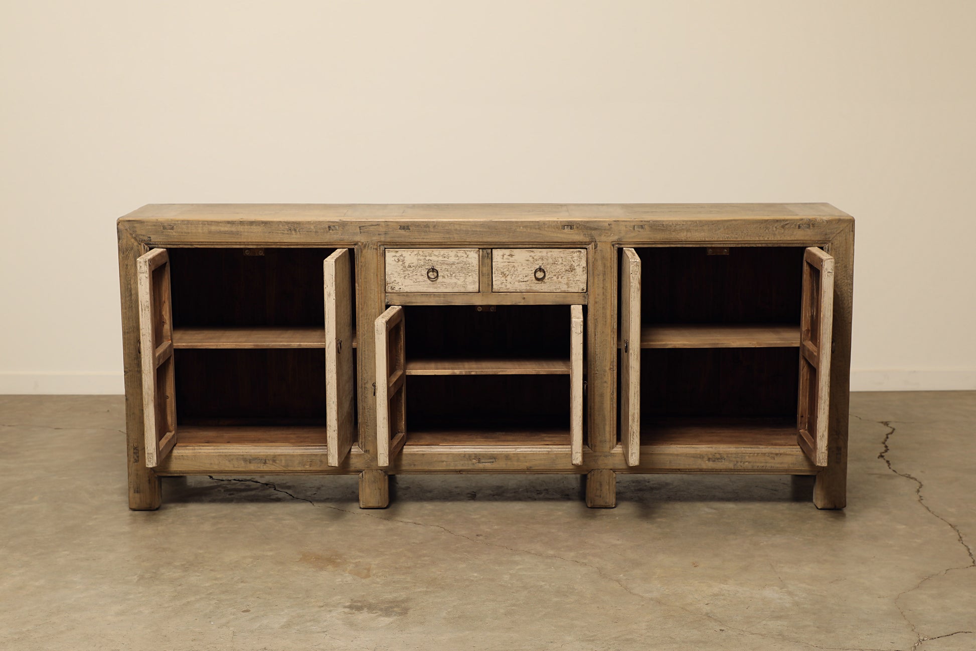 One-of-a-kind, rustic vintage antique light natural wood sideboard buffet cabinet farmhouse style is a long 90-inch storage with three cabinets and two drawers.