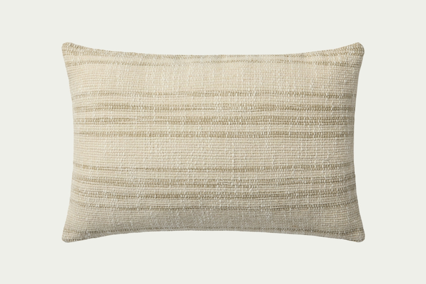 This modern lumbar throw pillow features neutral beige stripes with a classic rug-like texture woven of wool and cotton. The front accent pillow cover is 68% wool and 32% cotton and measures 13 by 21-inch, an elongated size to style in living rooms and bedrooms.