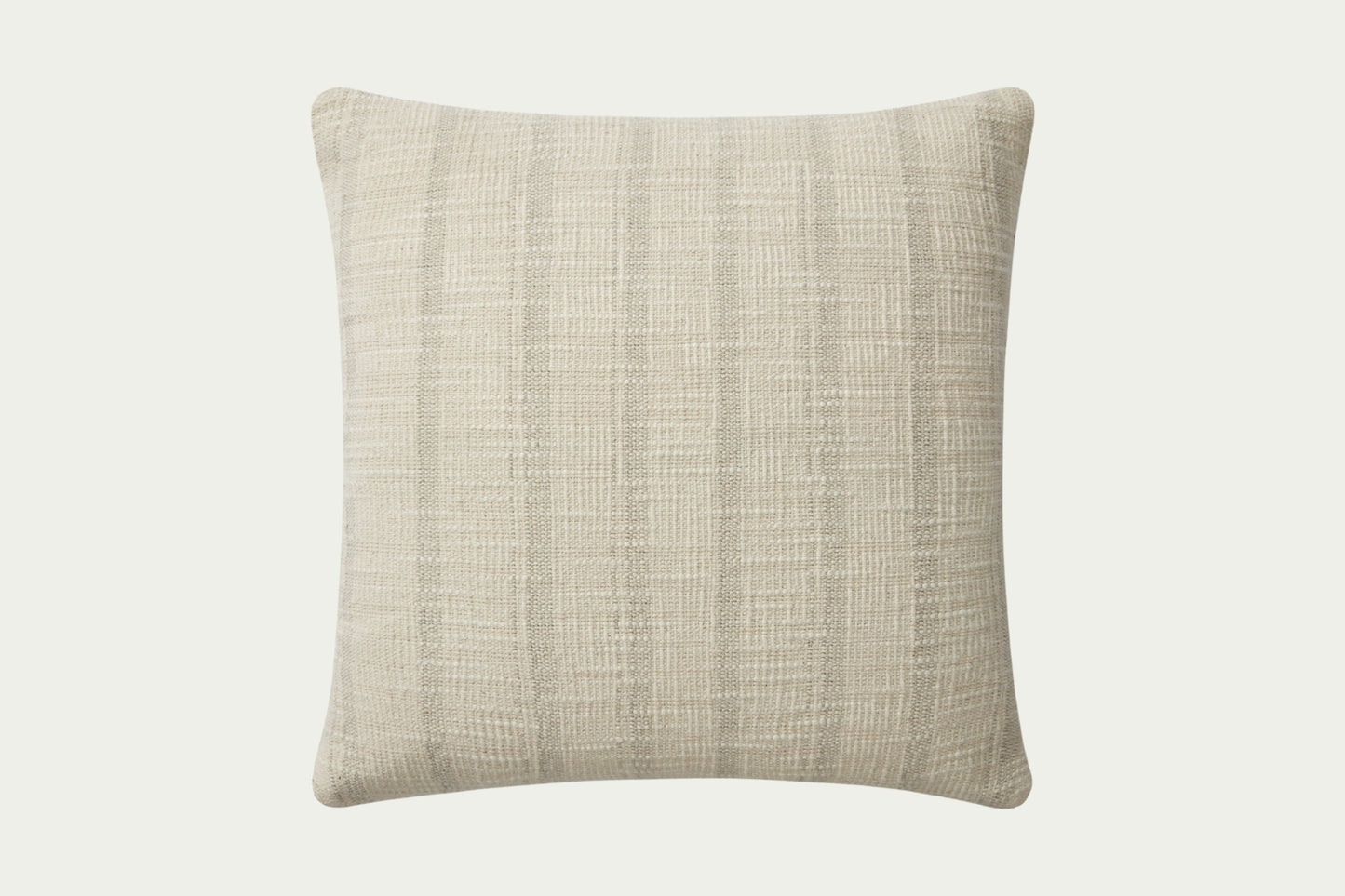 This neutral, ivory, and grey-toned modern throw pillow features a subtle visually textural design. The accent pillow cover is made of cotton and is a 22-inch square to style in living rooms and bedrooms.