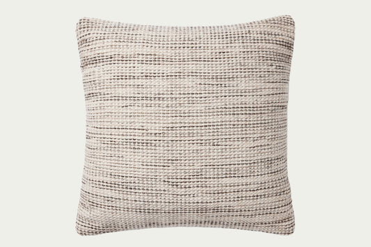 This neutral, natural, and grey-toned modern throw pillow features a visually textural design. The accent pillow cover is made of wool, cotton and nylon a 22-inch square to style in living rooms and bedrooms.