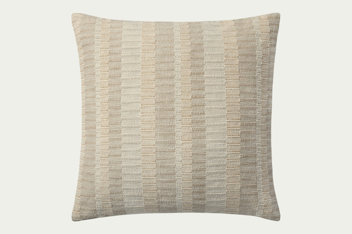 Stripes in alternating shades of ivory cover this subtly textured modern throw pillow. The front pillow cover is 100% cotton and measures 22 by 22 inches, a standard size to style in living rooms and bedrooms.