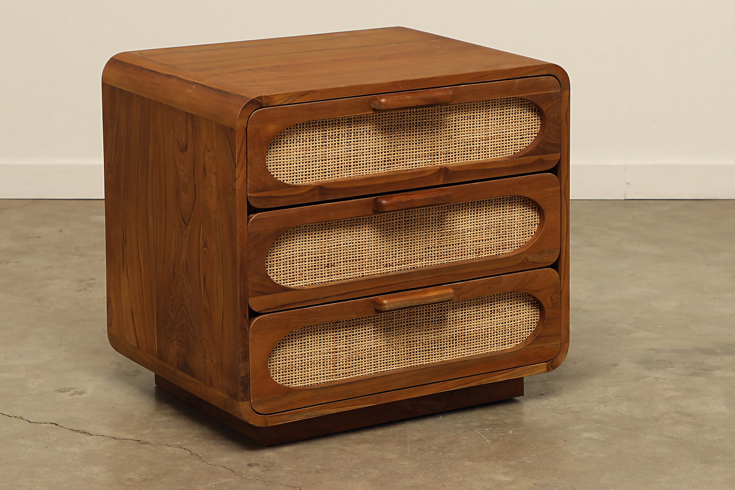 Modern three-drawer teak wood with rattan front Coco nightstand for your bedroom.