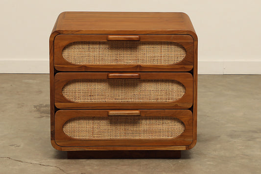 Modern three-drawer teak wood with rattan front Coco nightstand for your bedroom.