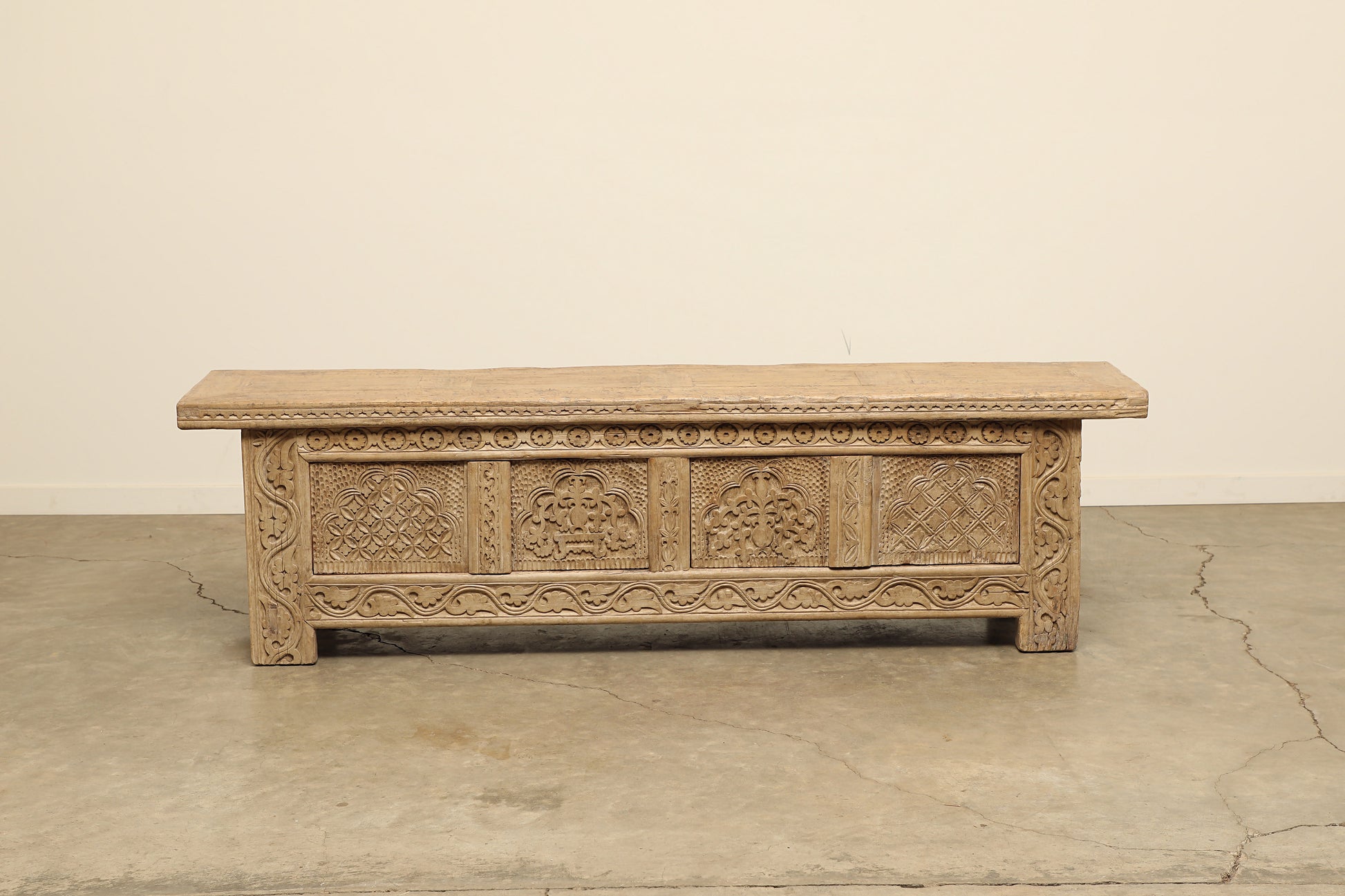 Unique vintage antique sideboard cabinet of natural wood with hand-carved details two cabinet drawers, circa 1920