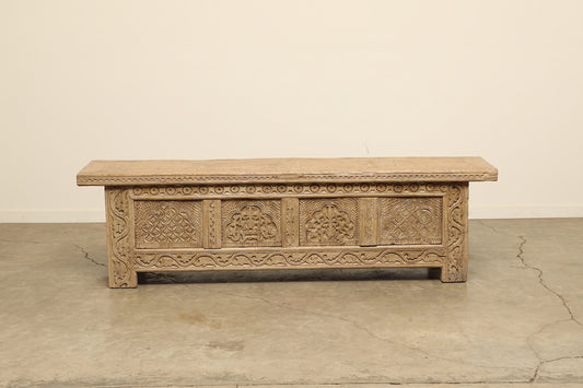 Unique vintage antique sideboard cabinet of natural wood with hand-carved details two cabinet drawers, circa 1920