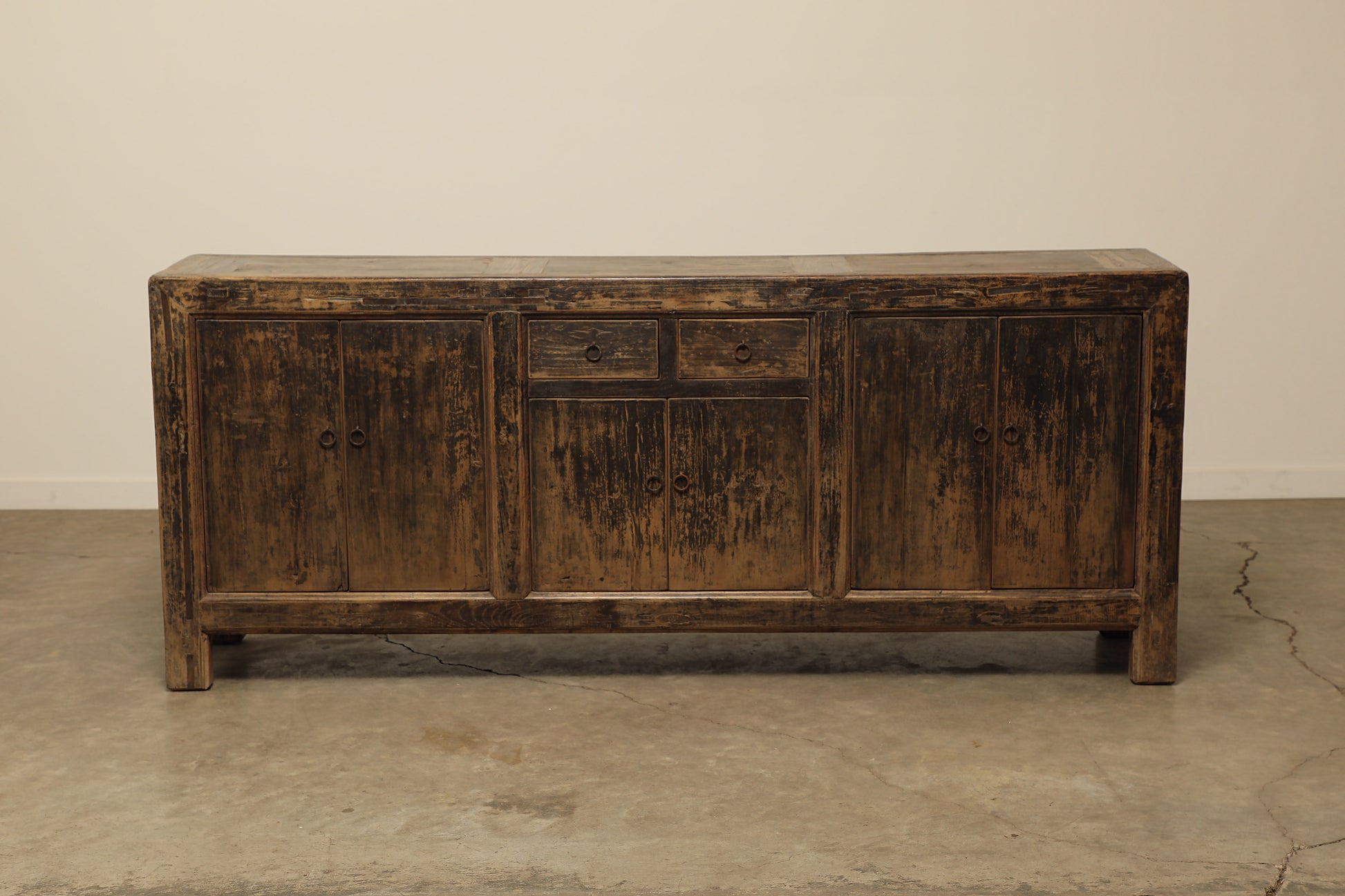 vintage rustic brown sideboard 3 cabinets with 2 drawers handcrafted of elm natural wood in a farmhouse style, 87 inches long is narrow at 17 inches.