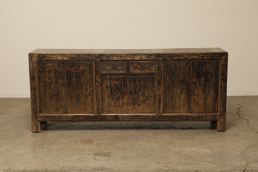 vintage rustic brown sideboard cabinet handcrafted of elm natural wood in a farmhouse style, 87 inches long is narrow at 17 inches.