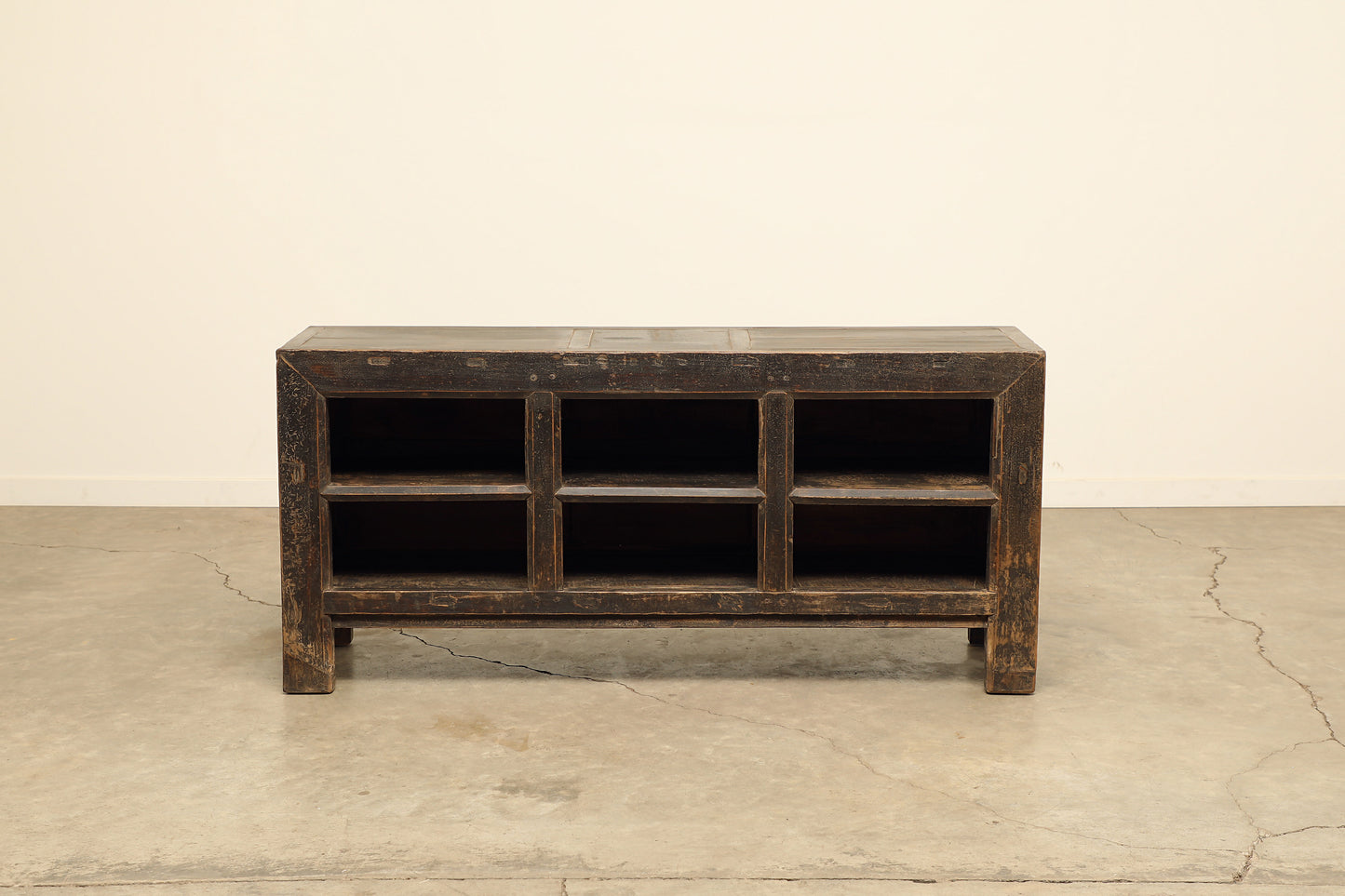 A one-of-a-kind, vintage rustic dark brown sideboard cabinet handcrafted of elm natural wood in a farmhouse style, 67 inches long is narrow at 18 inches.
