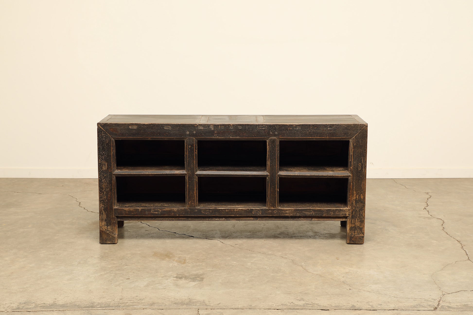 A one-of-a-kind, vintage rustic dark brown sideboard cabinet handcrafted of elm natural wood in a farmhouse style, 67 inches long is narrow at 18 inches.