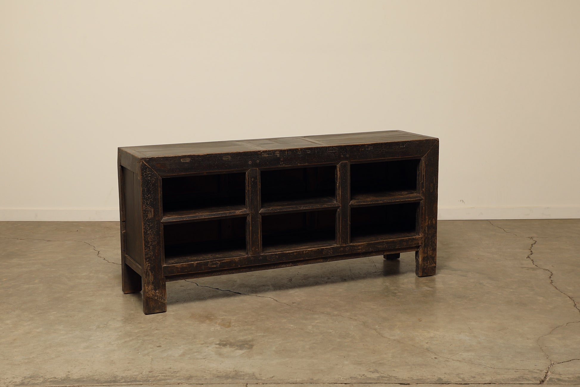 A one-of-a-kind, vintage rustic dark brown sideboard cabinet handcrafted of elm natural wood in a farmhouse style, 67 inches long is narrow at 18 inches.