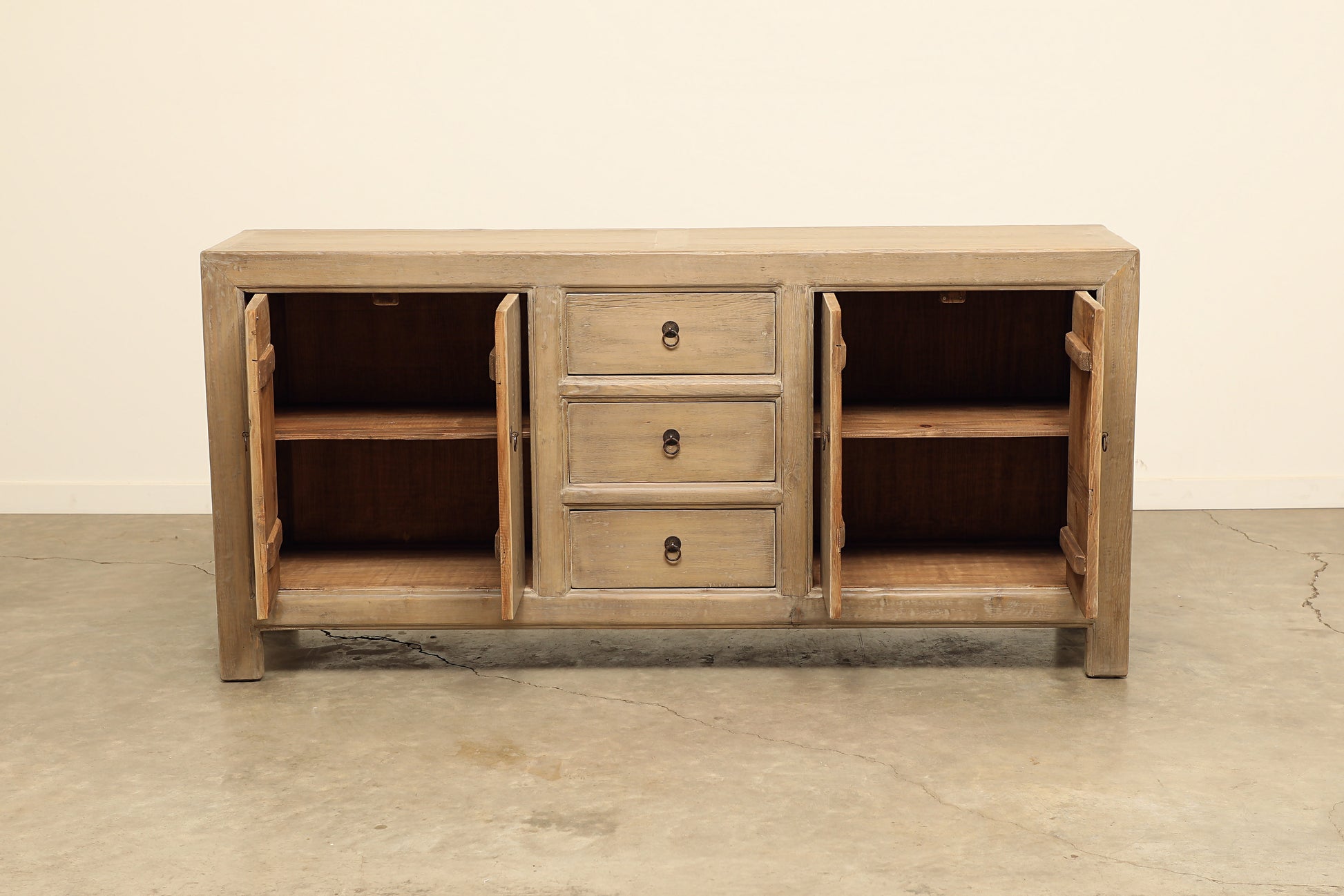 vintage rustic modern sideboard cabinet handcrafted of pine natural light wood in a farmhouse style, 79 inches long is narrow at 19 inches.
