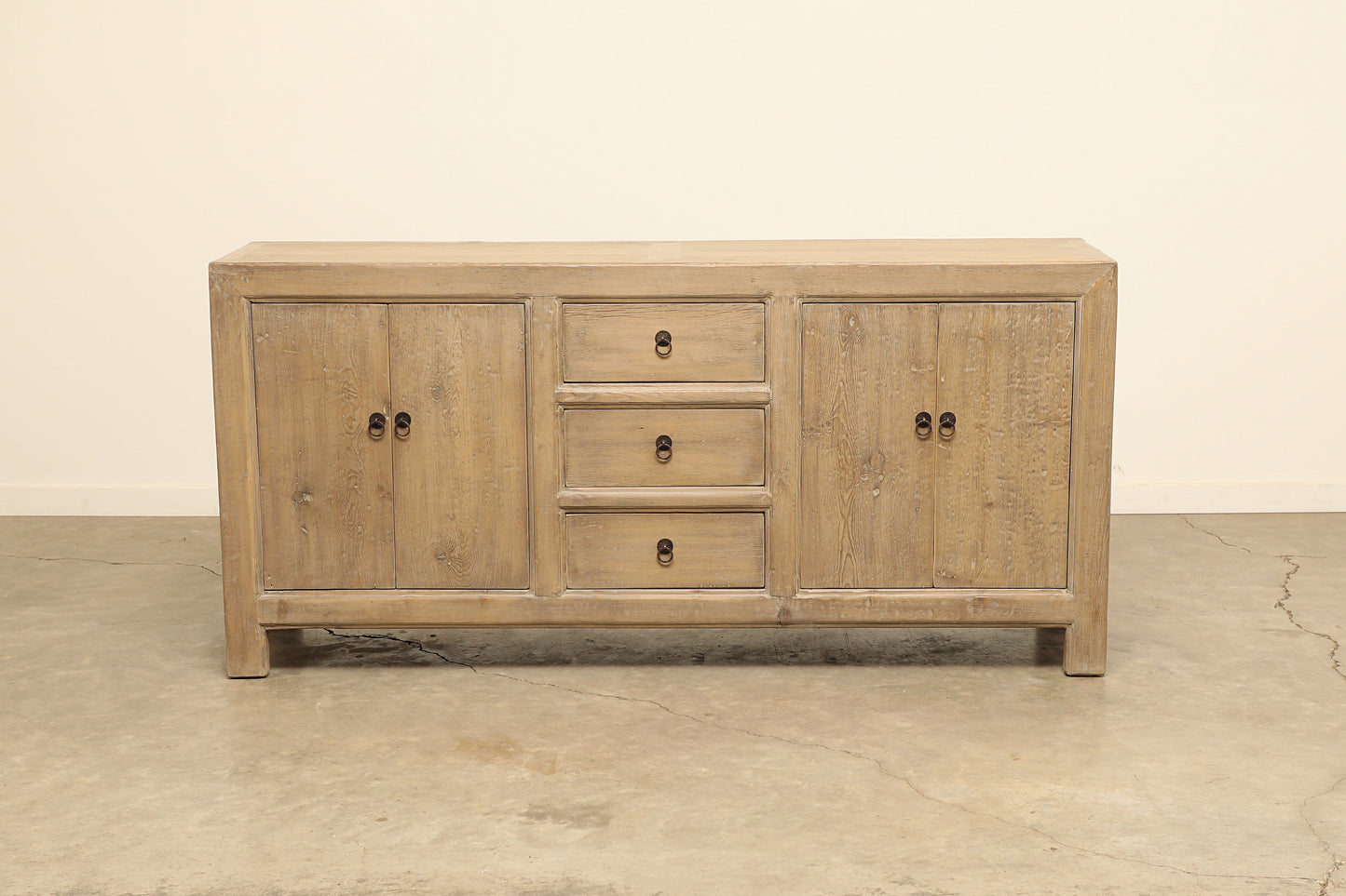 Vintage rustic modern sideboard cabinet handcrafted of pine natural light wood in a farmhouse style, 79 inches long is narrow at 19 inches.