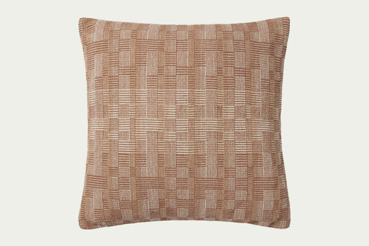 Clay rust tone and natural beige woven cotton textural modern 22-inch square throw pillow.