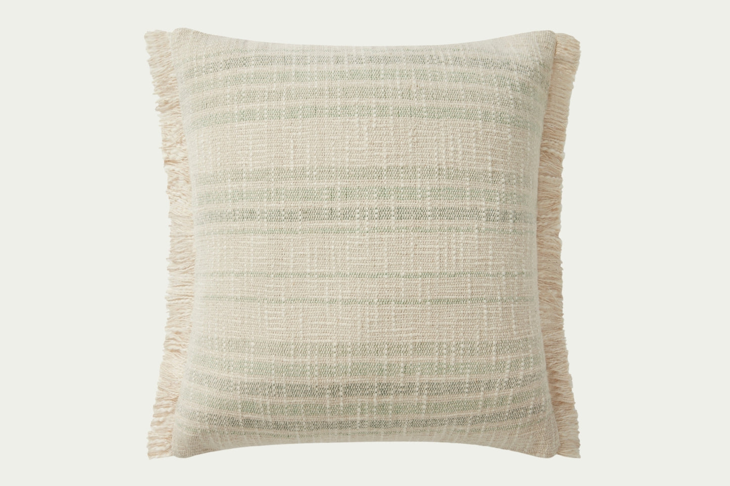 Modern throw pillow features a timeless pattern in an ivory and sage palette in a textural boucle with fringe trim on two sides.