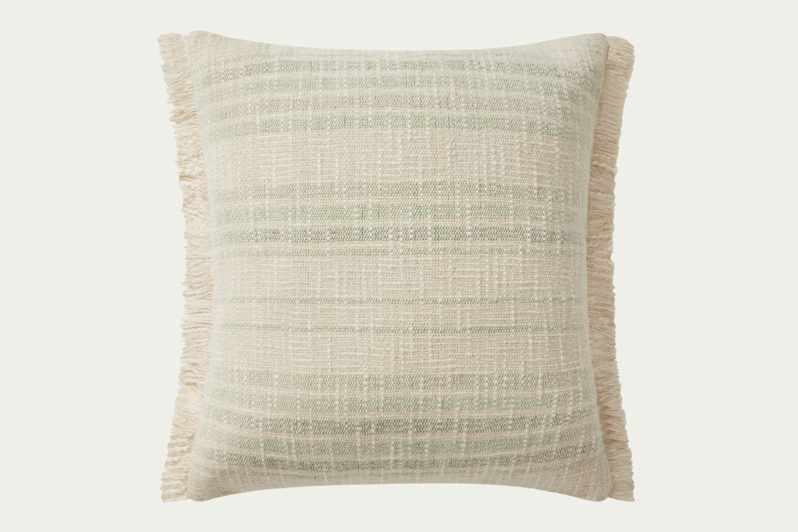 Modern throw pillow features a timeless pattern in an ivory and sage palette in a textural boucle with fringe trim on two sides.