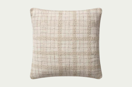 Natural beige and ivory palette in a textural boucle, the square throw pillow cover is made of cotton, polyester, and rayon.