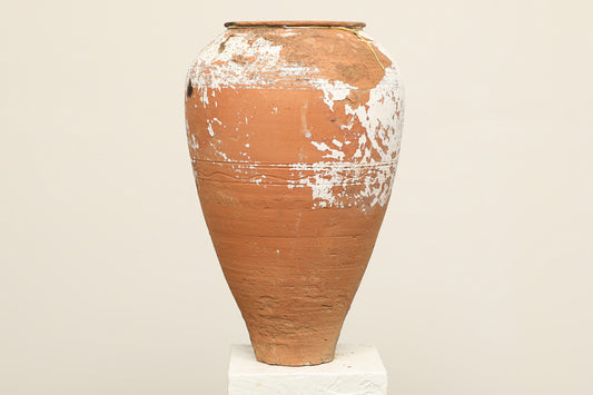 A one-of-a-kind clay brown white Turkish vintage vase pot without handle, crafted from terra cotta clay, this piece showcases timeless quality and antique craftsmanship, adding a unique touch of history to your space