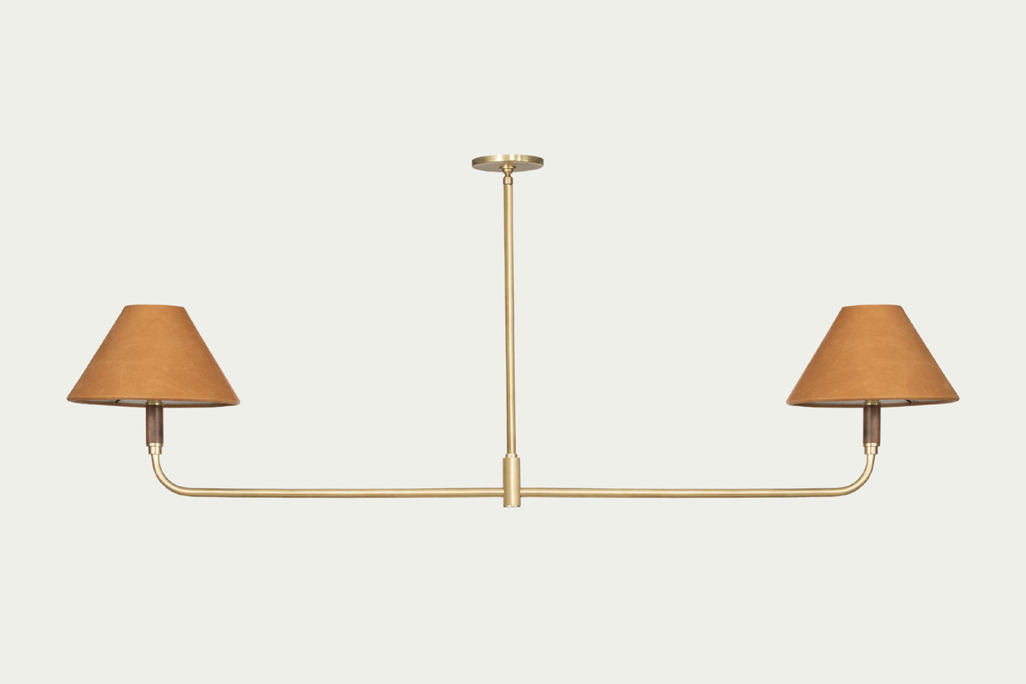kylie pendant ceiling hanging light fixture, brass, wood & leather shades