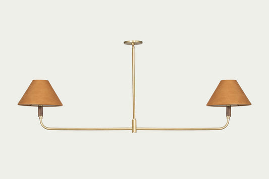 kylie pendant ceiling hanging light fixture, brass, wood & leather shades