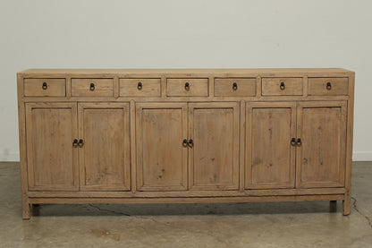 A one-of-a-kind, vintage rustic brown sideboard 3 cabinets with 7 drawers handcrafted of elm natural wood in a farmhouse style, 94 inches long is narrow at 16 inches.