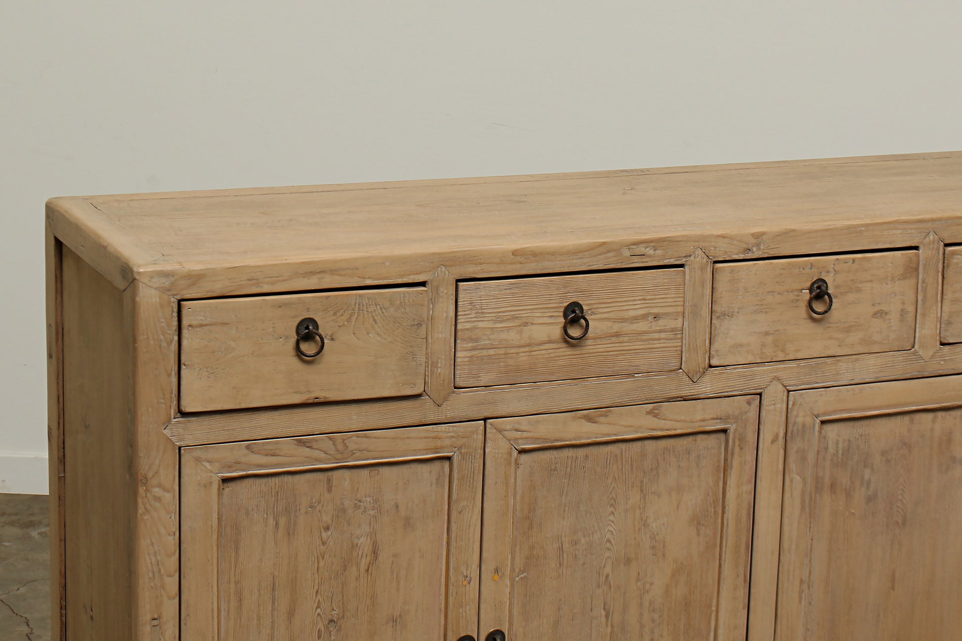 A one-of-a-kind, vintage rustic brown sideboard 3 cabinets with 7 drawers handcrafted of elm natural wood in a farmhouse style, 94 inches long is narrow at 16 inches.