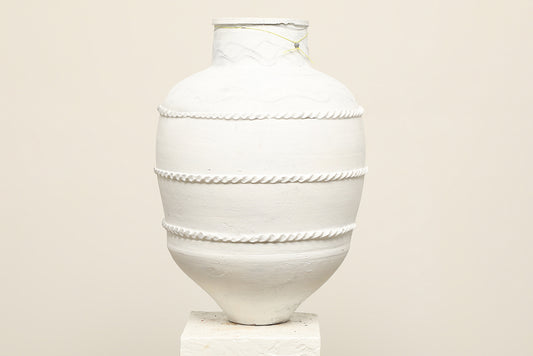 A one-of-a-kind white Turkish vintage vase pot without handle, crafted from terra cotta clay, this piece showcases timeless quality and antique craftsmanship, adding a unique touch of history to your space
