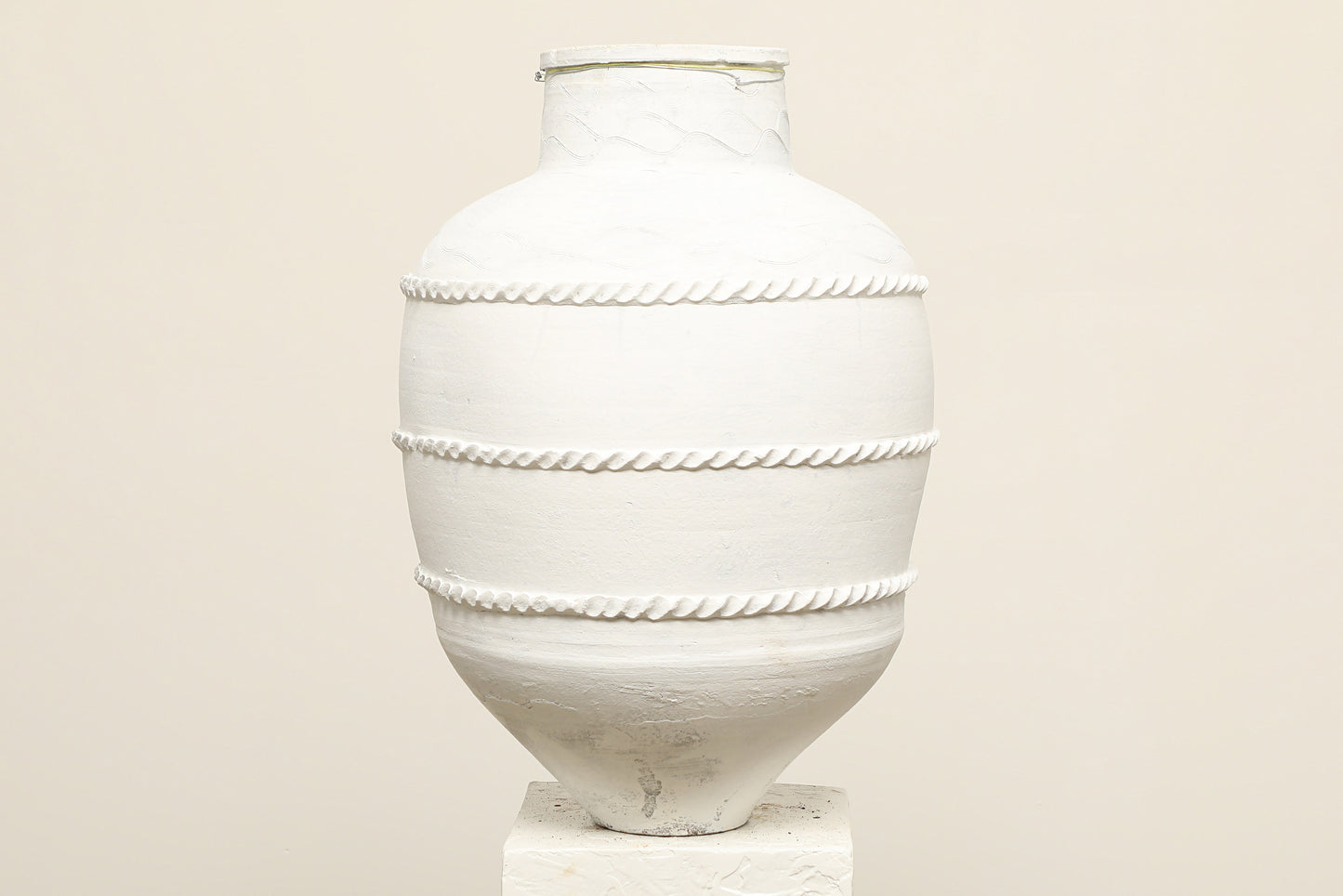 A one-of-a-kind white Turkish vintage vase pot without handle, crafted from terra cotta clay, this piece showcases timeless quality and antique craftsmanship, adding a unique touch of history to your space