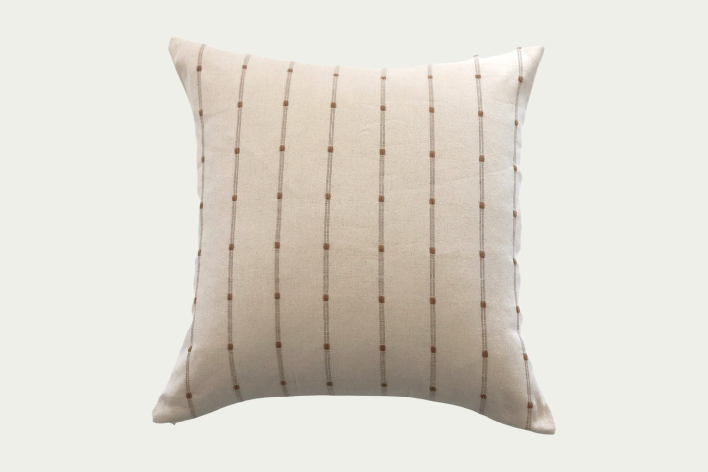 Brown woven stripes on a cream cotton background and a 100% off-white linen back in a 20-inch by 30-inch rectangle.