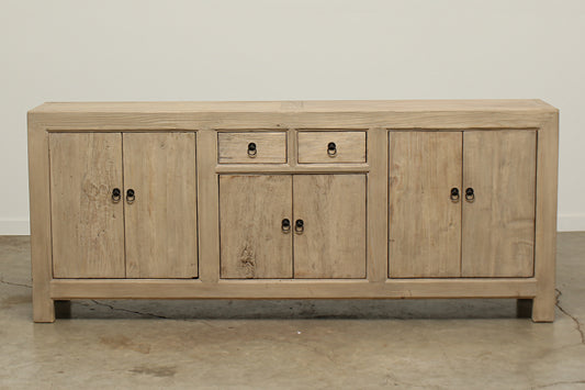 A one-of-a-kind, vintage rustic light brown sideboard 3 cabinets with 2 drawers handcrafted of elm natural wood in a farmhouse style, 86 inches long is narrow at 18 inches.