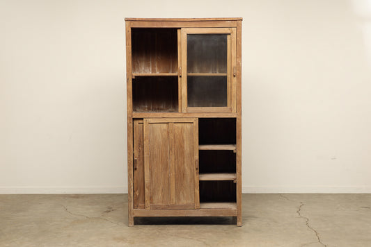(LHE050) Vintage Teak & Glass Sliding Cabinet (47x24x86)
